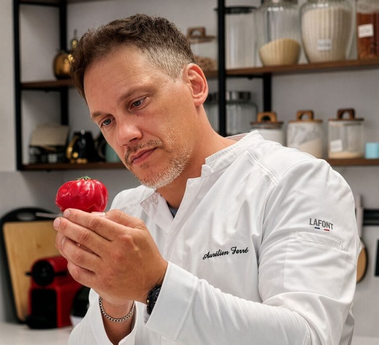Aurélien Ferré tient une de ses pâtisseries en trompe-l’œil en forme de tomate.