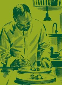 Illustration au trait vert : un chef dresse une assiette en cuisine.