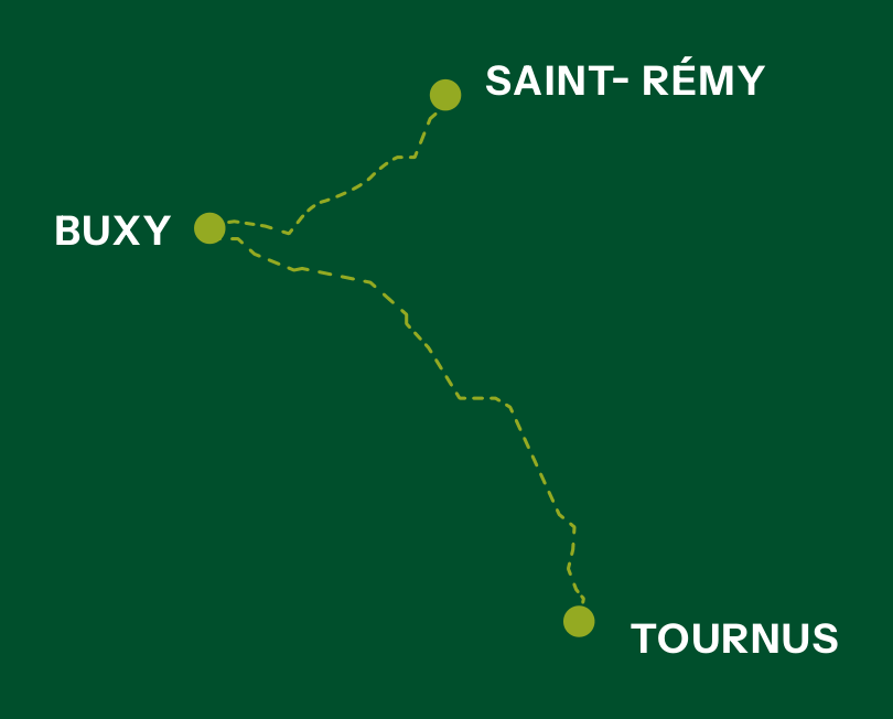 Tracé du premier itinéraire : Saint-Rémy, Buxy, Tournus.