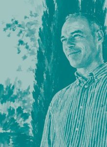 Illustration au trait sarcelle : portrait de Mathieu Chevaux.