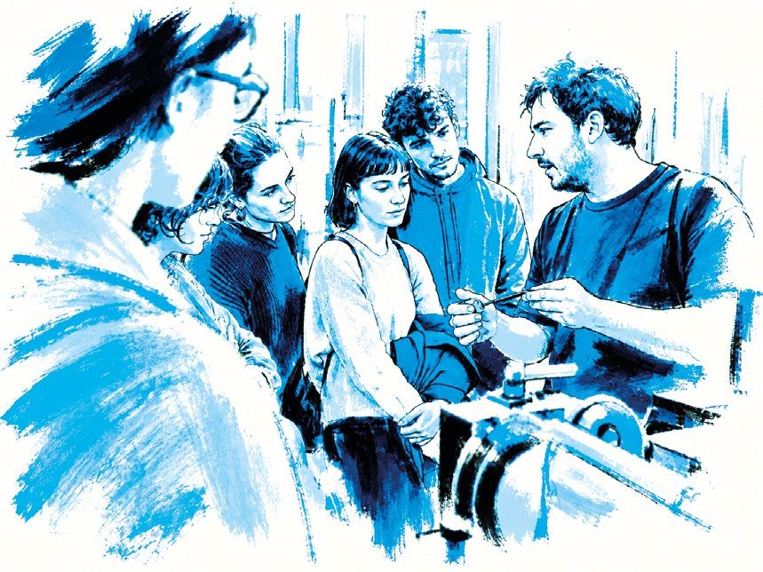 Illustration au trait bleu : un groupe de visiteurs écoute un professionnel dans son atelier.